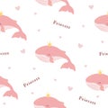 Kids vector seamless pattern with a cute cartoon pink dreamy baby whale in a crown. Little princess. Flat style. Baby shower girl. Royalty Free Stock Photo